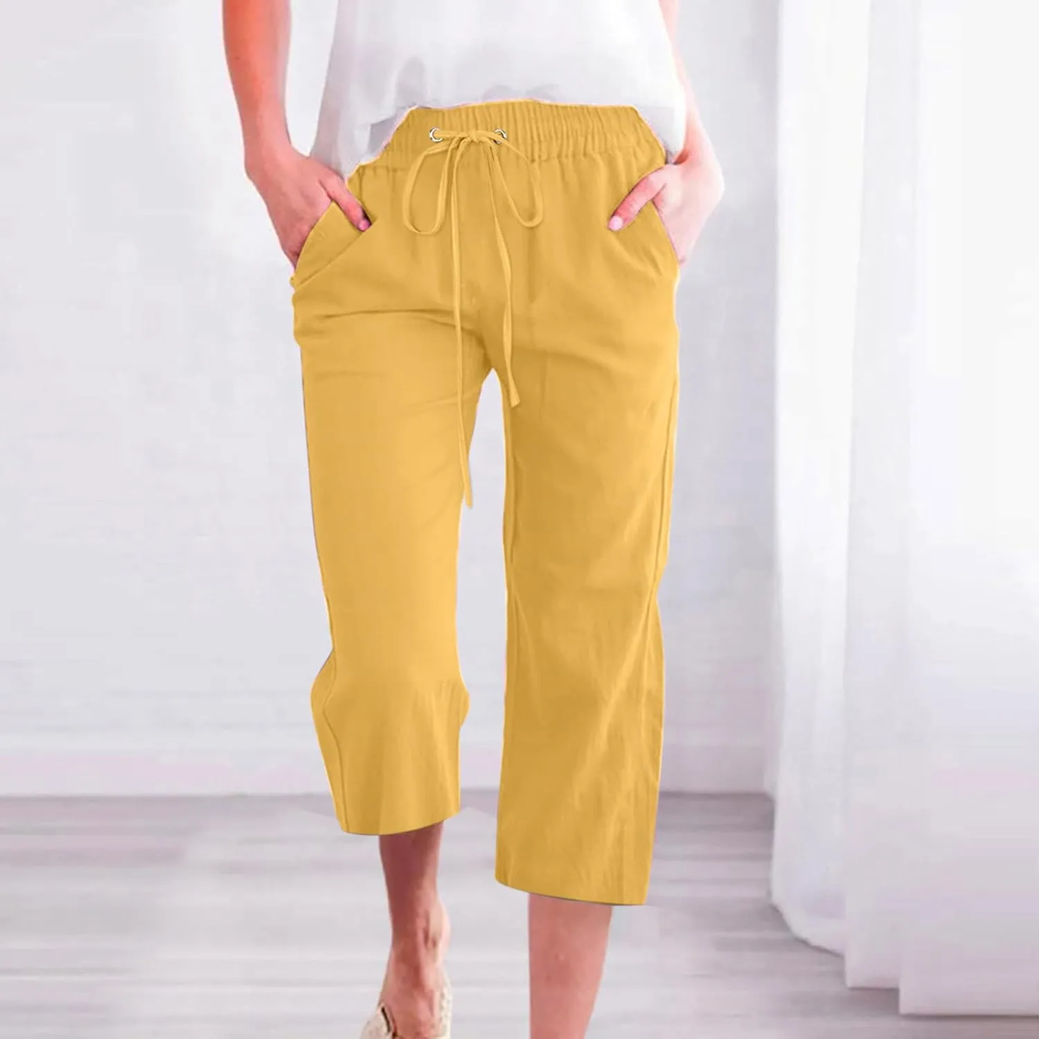 2025 Summer Plus Size Womens Capri Pants Drawstring Elastic Waist Linen Pant Wide Leg Cropped Trousers with Pockets