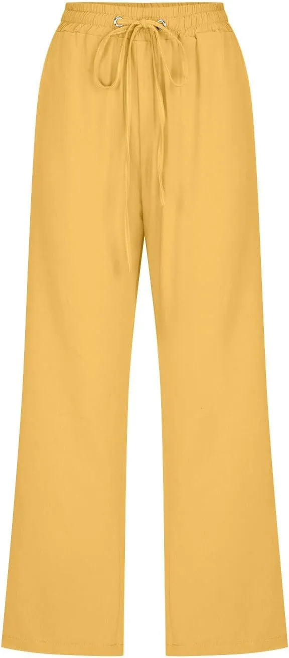 2025 Summer Plus Size Womens Capri Pants Drawstring Elastic Waist Linen Pant Wide Leg Cropped Trousers with Pockets