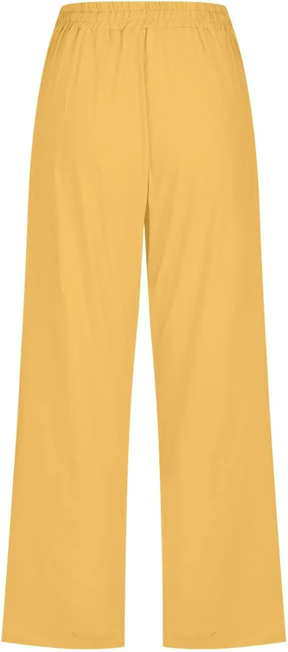 2025 Summer Plus Size Womens Capri Pants Drawstring Elastic Waist Linen Pant Wide Leg Cropped Trousers with Pockets