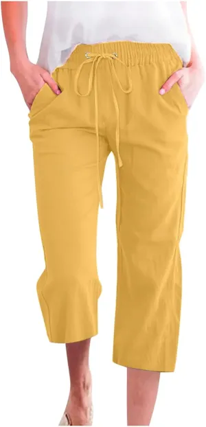 2025 Summer Plus Size Womens Capri Pants Drawstring Elastic Waist Linen Pant Wide Leg Cropped Trousers with Pockets