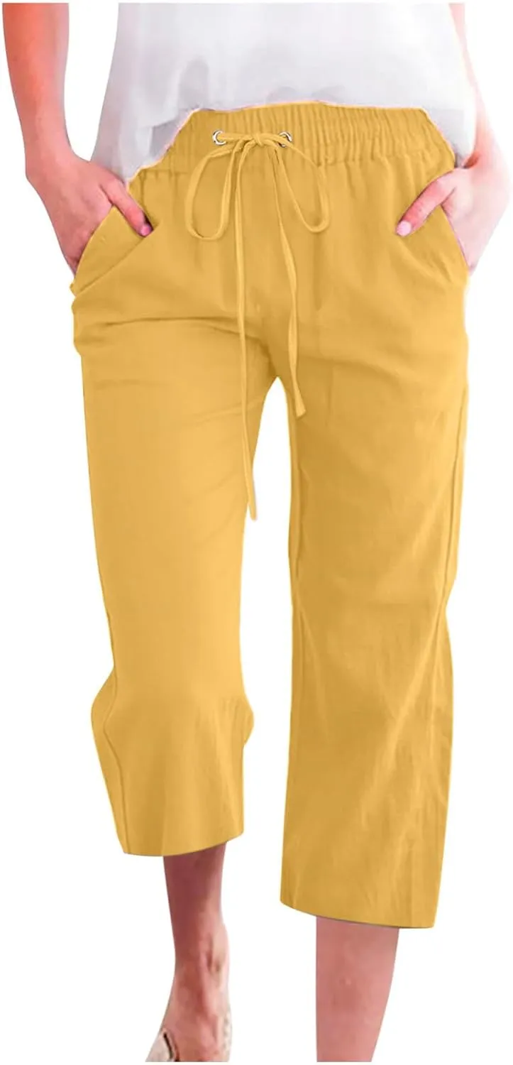 2025 Summer Plus Size Womens Capri Pants Drawstring Elastic Waist Linen Pant Wide Leg Cropped Trousers with Pockets