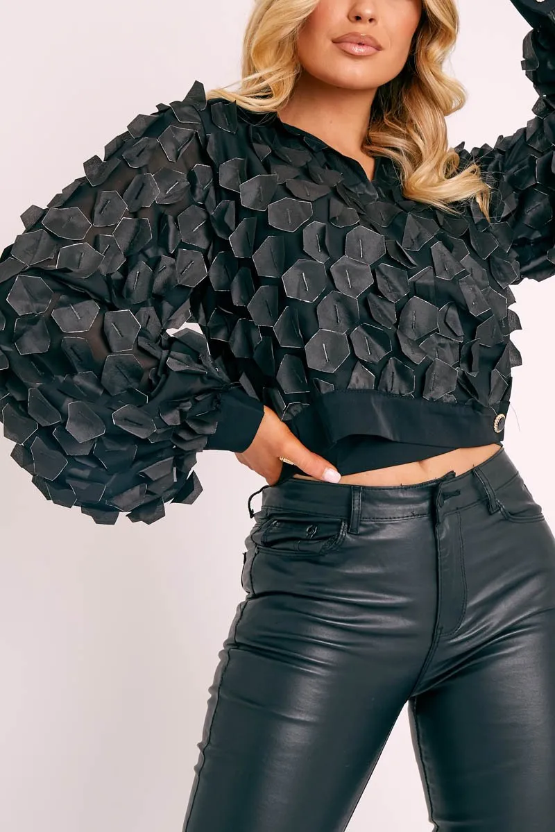Black Geometric Applique Button Front Cropped Shirt - Kabella