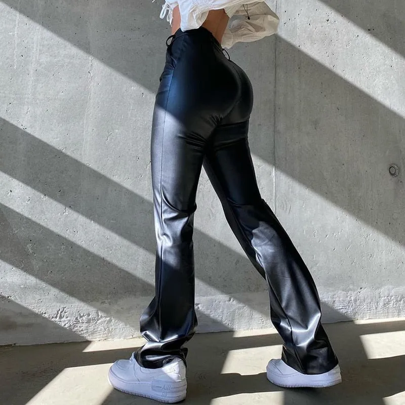Black PU Leather Pants High Waist Skinny Trousers Casual Fashion Pants Capris Vintage Streetwear