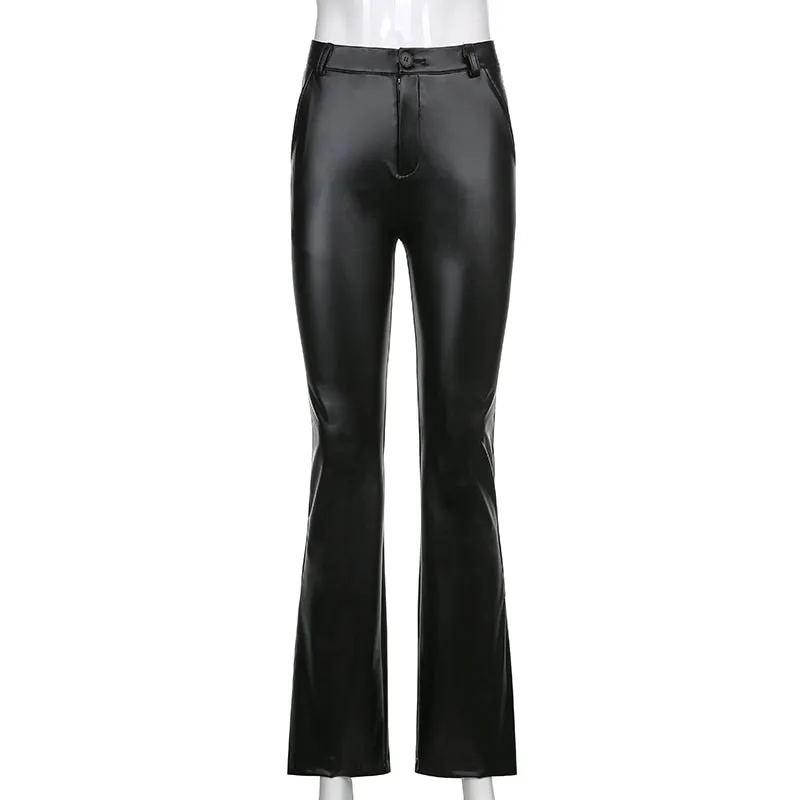 Black PU Leather Pants High Waist Skinny Trousers Casual Fashion Pants Capris Vintage Streetwear