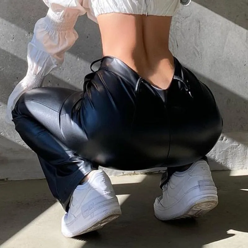 Black PU Leather Pants High Waist Skinny Trousers Casual Fashion Pants Capris Vintage Streetwear