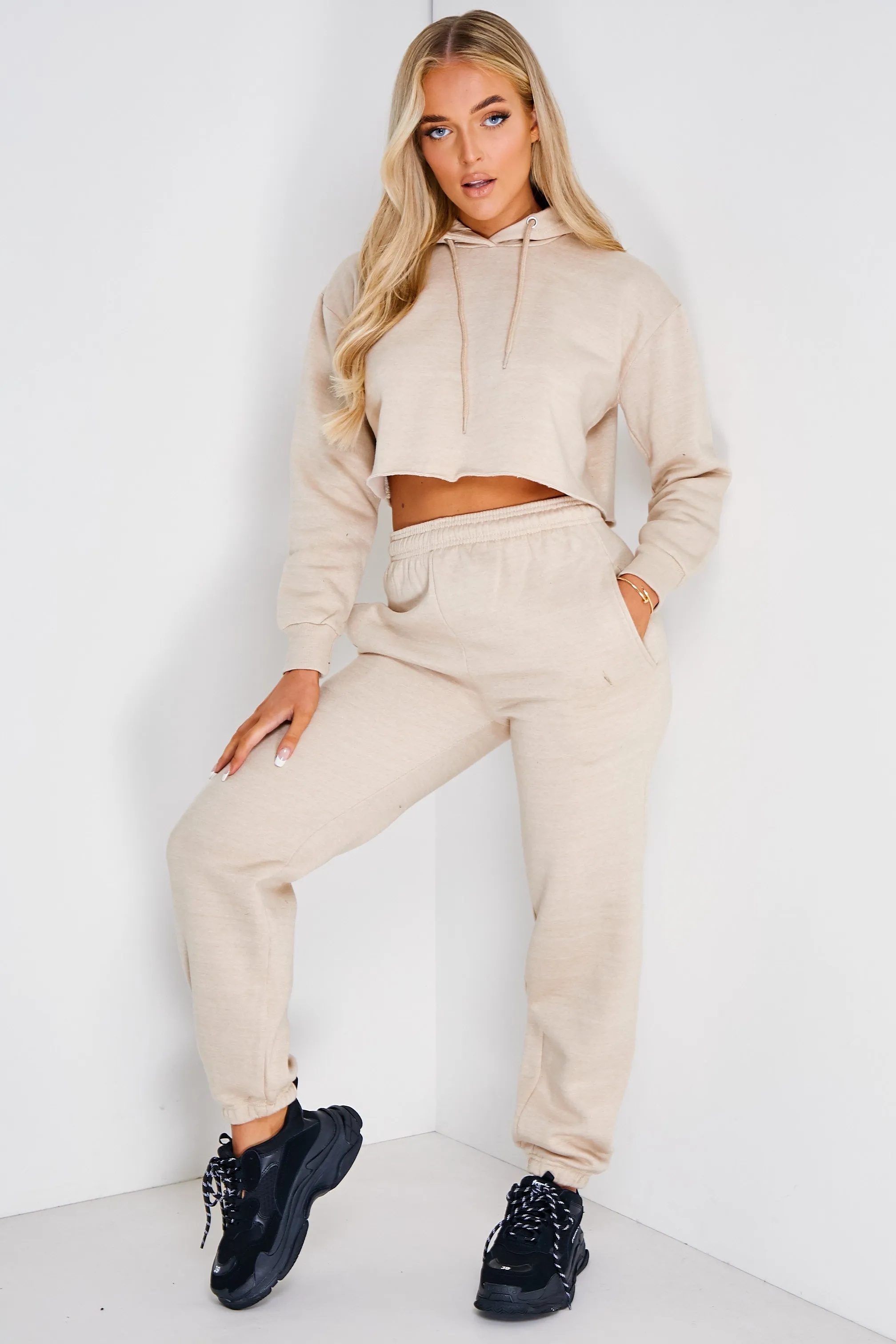 Eva Stone Relaxed Cropped Hoodie and Joggers Tracksuit Set