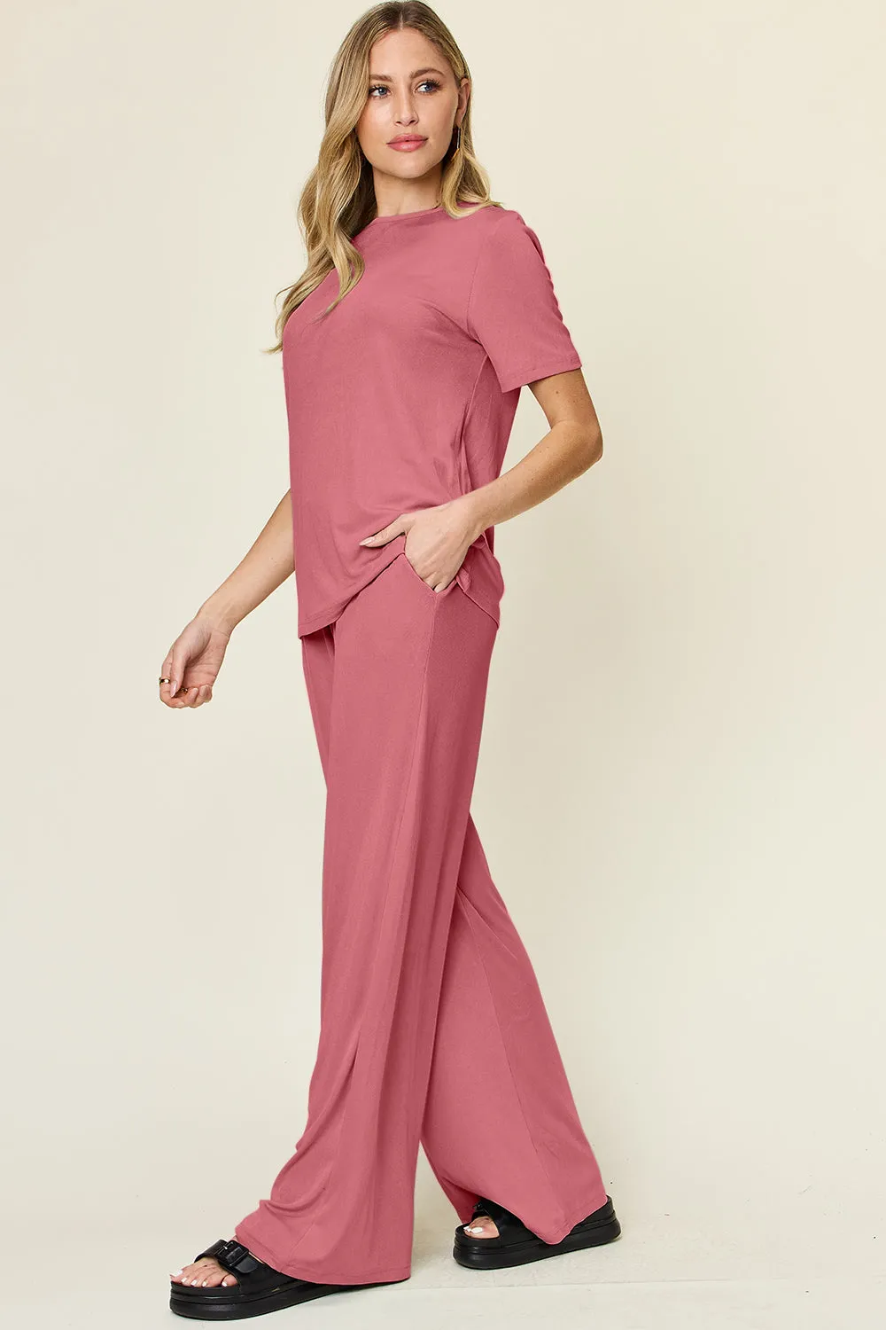 Full Size Round Short Sleeve T-Shirt and Wide Leg Pants Set, Stretchy Outfit