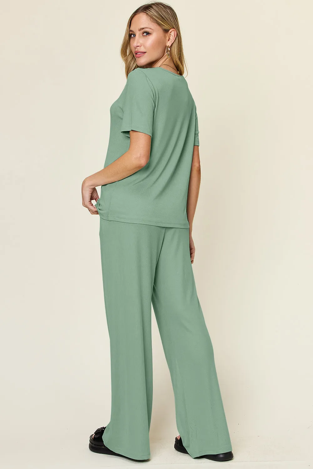 Full Size Round Short Sleeve T-Shirt and Wide Leg Pants Set, Stretchy Outfit
