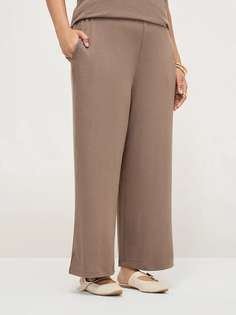 Gia Dark Brown Ribbed High-Rise Pants