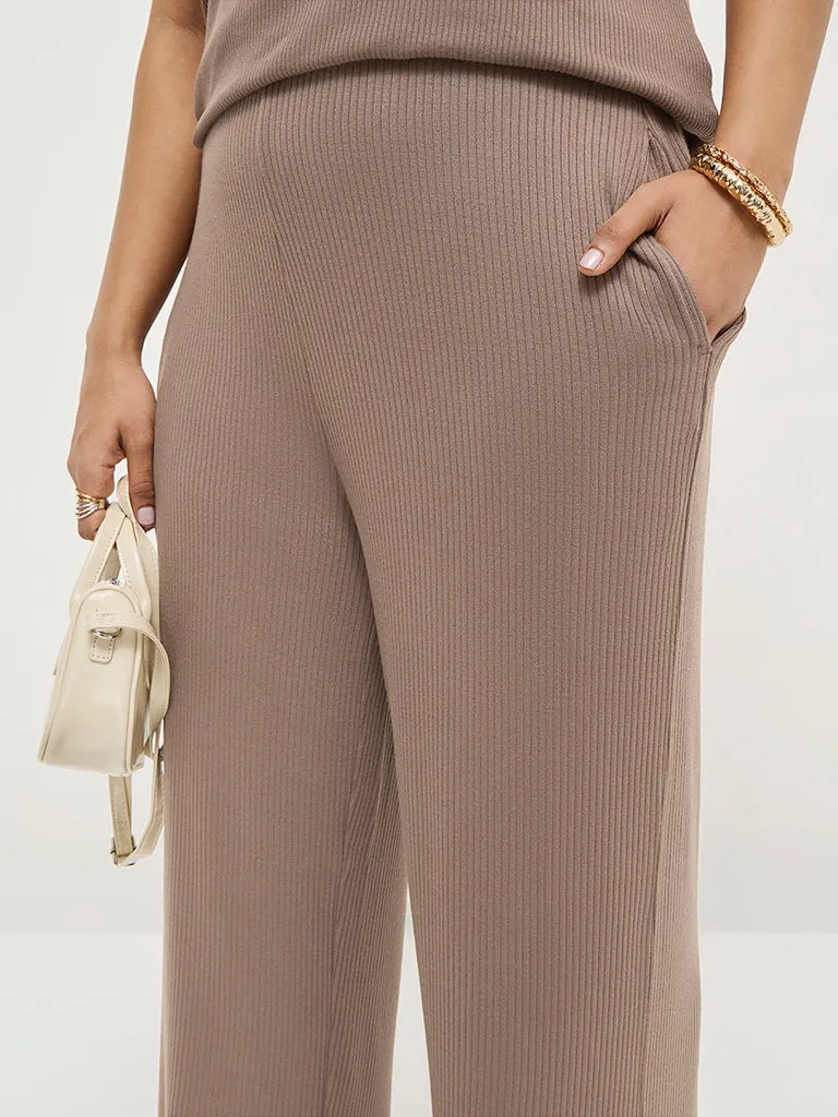 Gia Dark Brown Ribbed High-Rise Pants