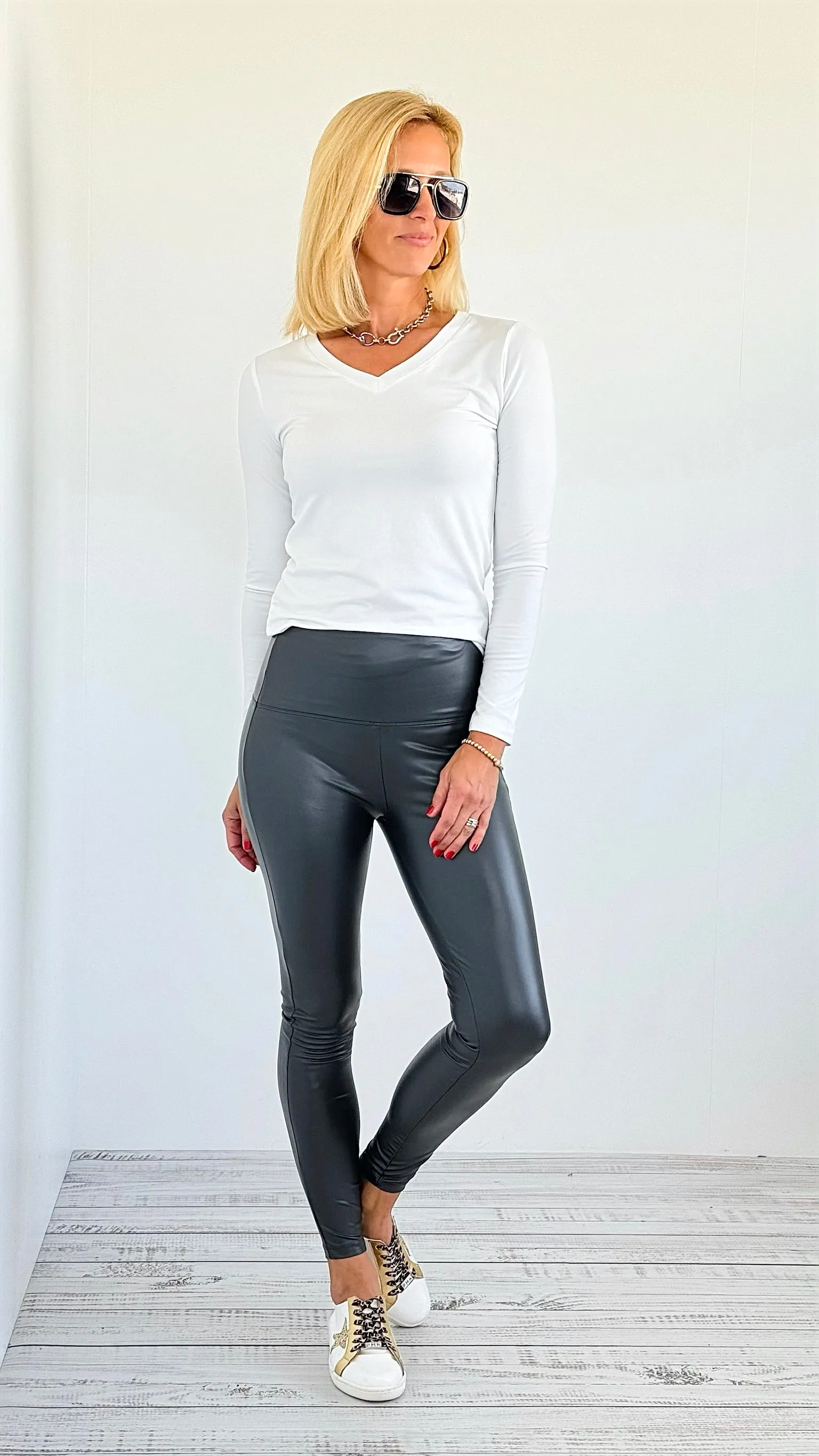 High Rise Faux Leather Leggings - Ash Grey