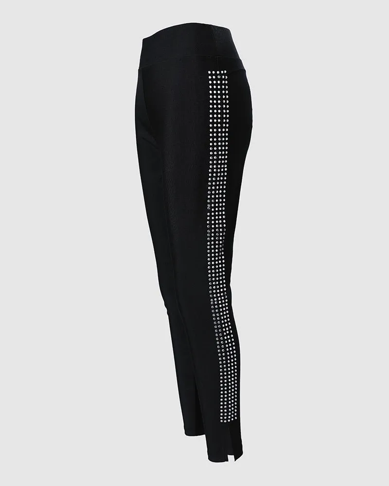 High Waist Pencil Pants Ankle Length Studded Tied PU Leather Skinny Pants