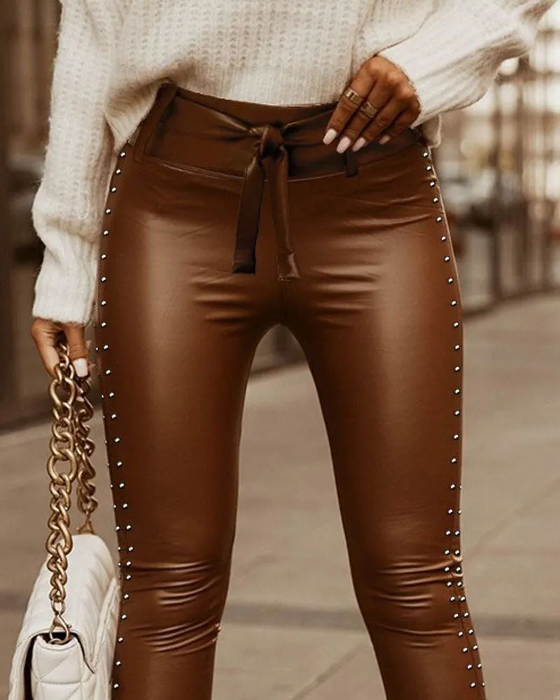 High Waist Pencil Pants Ankle Length Studded Tied PU Leather Skinny Pants
