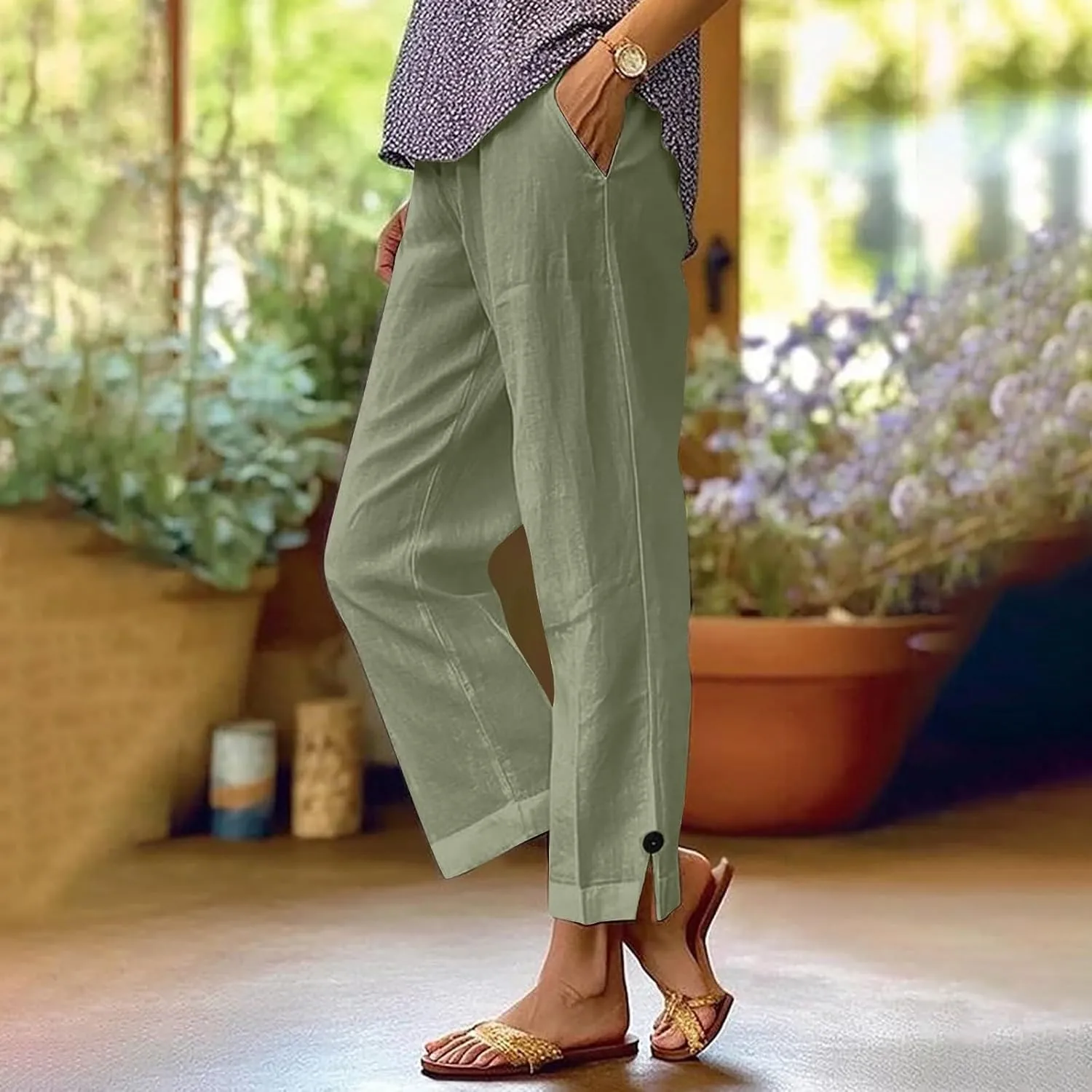 Linen Pants for Women Solid Color Straight Elastic Pant Long Drawstring Waist Cotton Casual Slit Plus Size Trousers