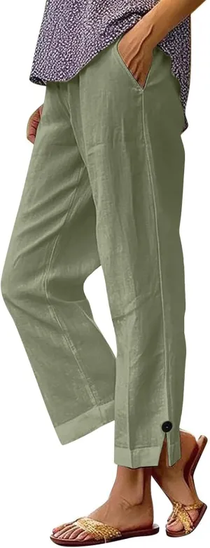 Linen Pants for Women Solid Color Straight Elastic Pant Long Drawstring Waist Cotton Casual Slit Plus Size Trousers