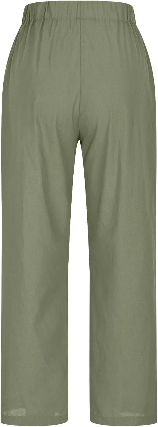 Linen Pants for Women Solid Color Straight Elastic Pant Long Drawstring Waist Cotton Casual Slit Plus Size Trousers