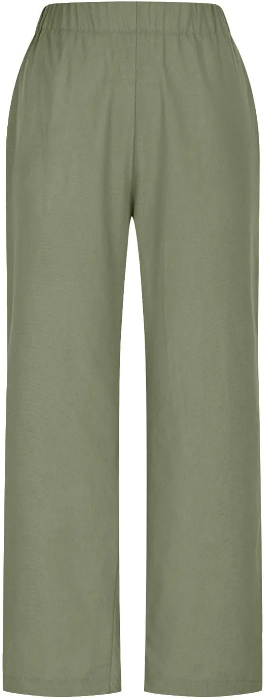 Linen Pants for Women Solid Color Straight Elastic Pant Long Drawstring Waist Cotton Casual Slit Plus Size Trousers