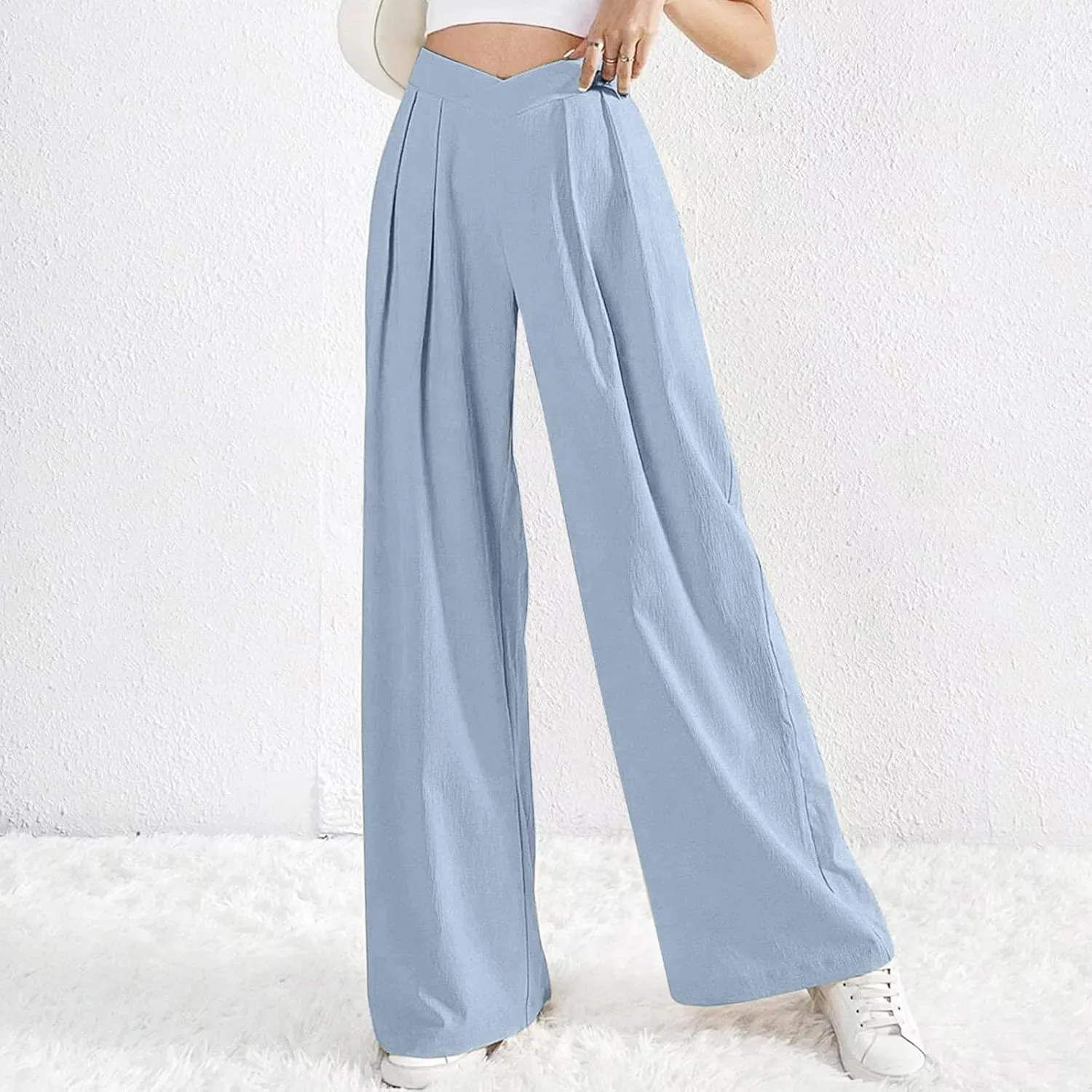Lmdudan 2025 Womens Wide Leg Pants Crossover Waist Pleated Front Casual Work Pant Summer Lounge Trousers with Pockets