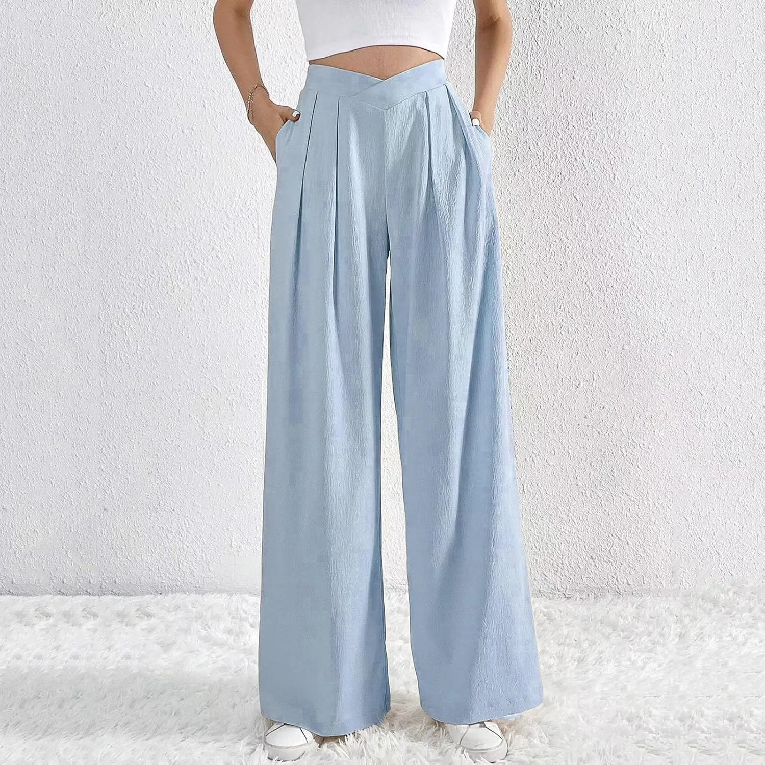 Lmdudan 2025 Womens Wide Leg Pants Crossover Waist Pleated Front Casual Work Pant Summer Lounge Trousers with Pockets