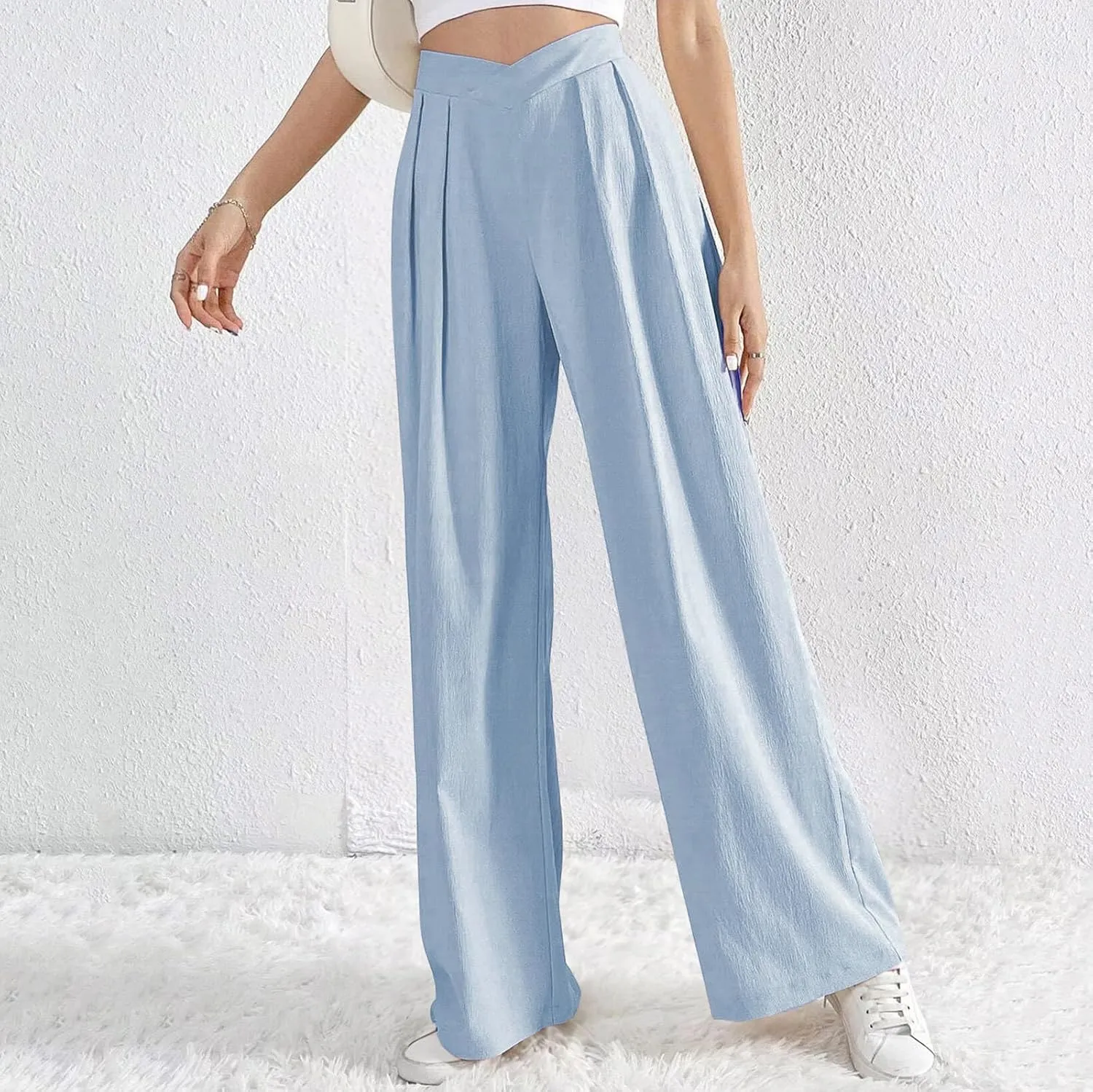 Lmdudan 2025 Womens Wide Leg Pants Crossover Waist Pleated Front Casual Work Pant Summer Lounge Trousers with Pockets