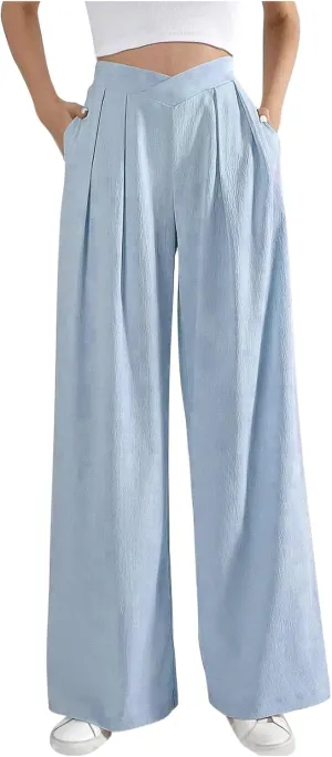 Lmdudan 2025 Womens Wide Leg Pants Crossover Waist Pleated Front Casual Work Pant Summer Lounge Trousers with Pockets
