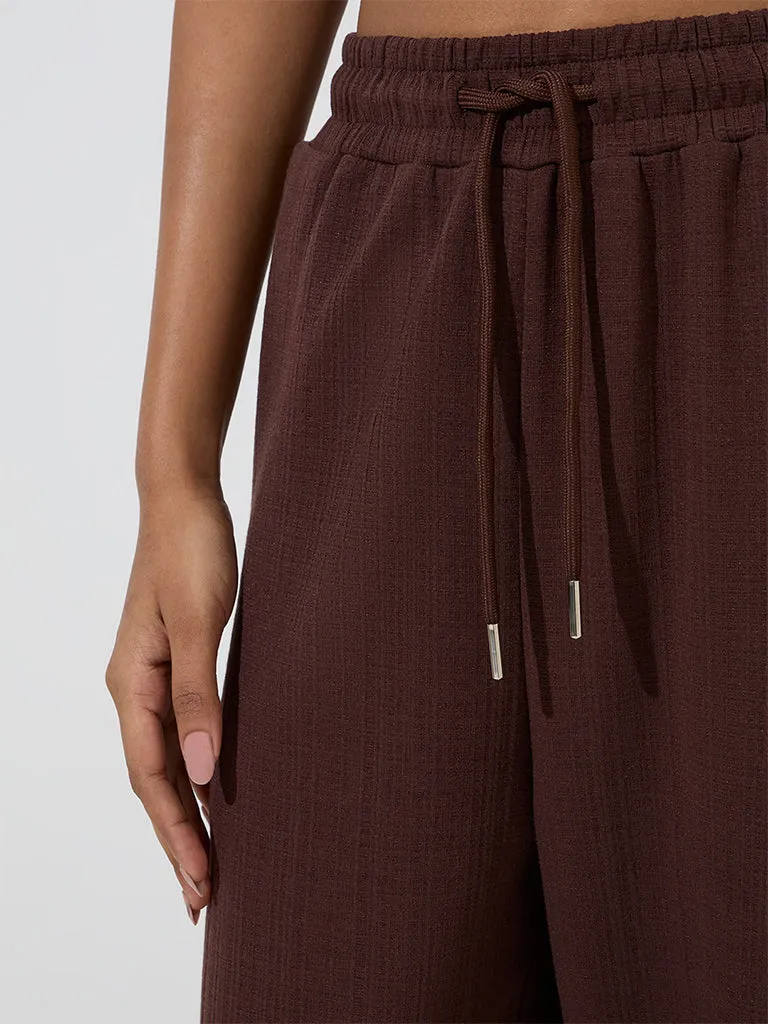 LOV Brown Self-Textured High-Rise Pants