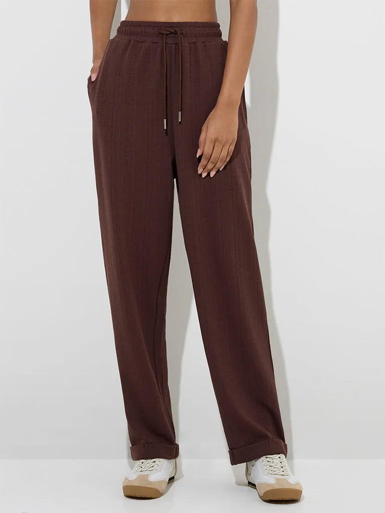 LOV Brown Self-Textured High-Rise Pants