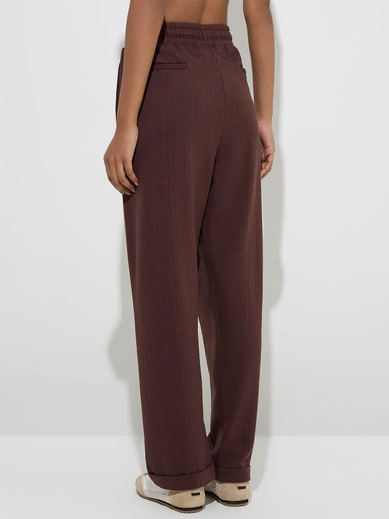 LOV Brown Self-Textured High-Rise Pants