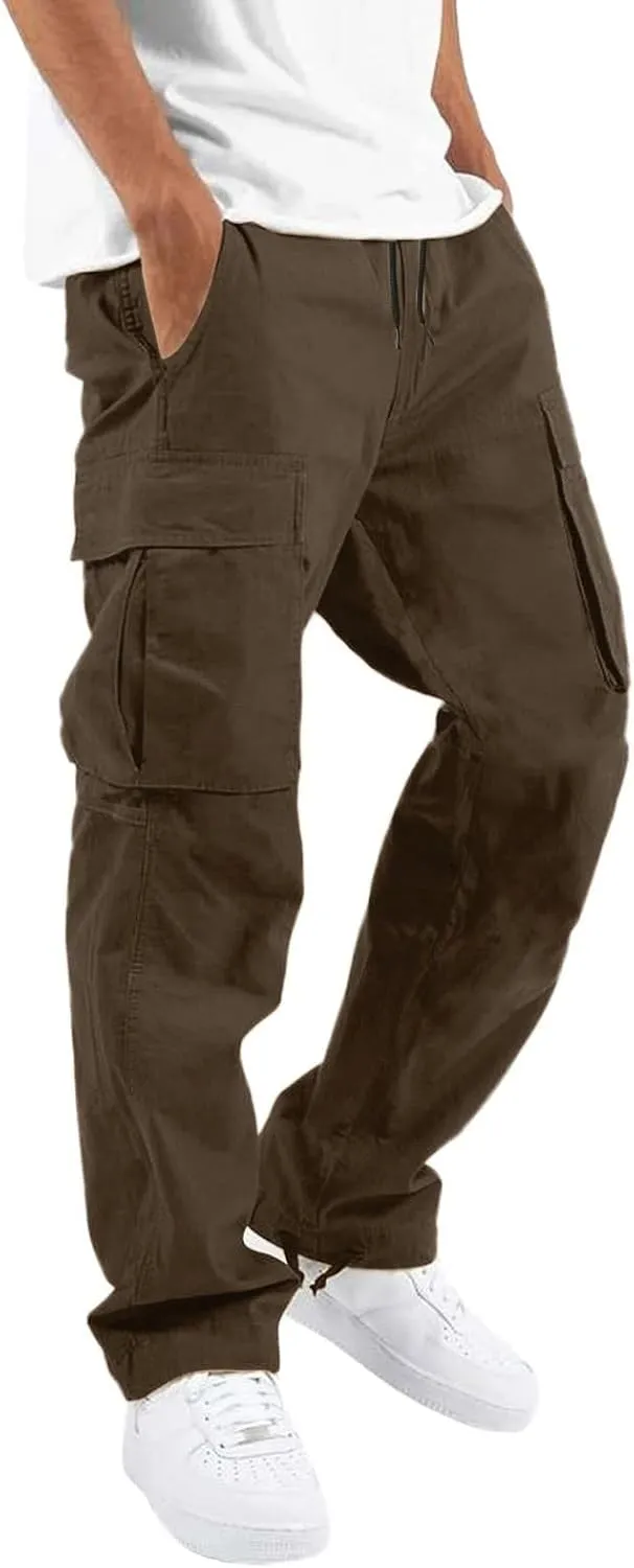 Men's Casual Cargo Pants Elastic Waist Joggers Relaxed Fit Work Overalls Hiking Hunting Streetwear Trousers