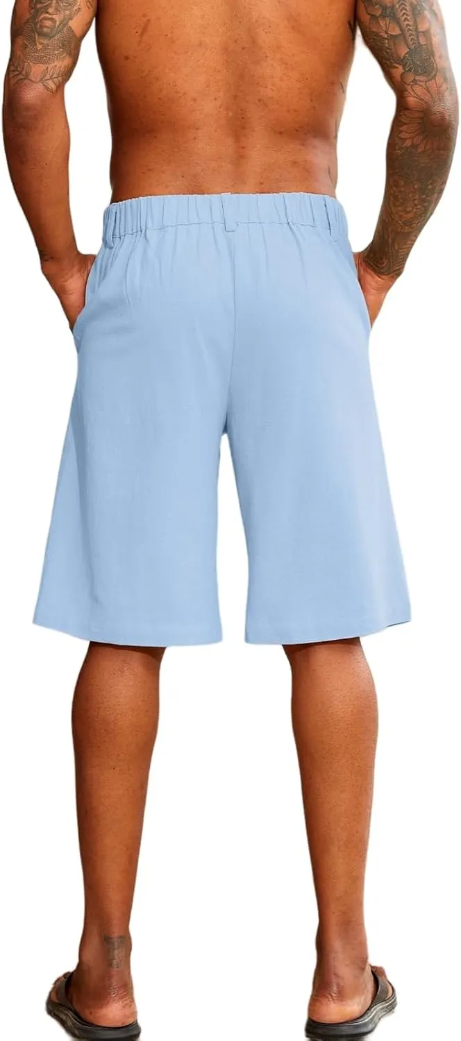 Mens Linen Shorts Button Elastic Waist Slim Fit Hawaii Shorts Casual Classic Fit Summer Beach Golf Short Pants