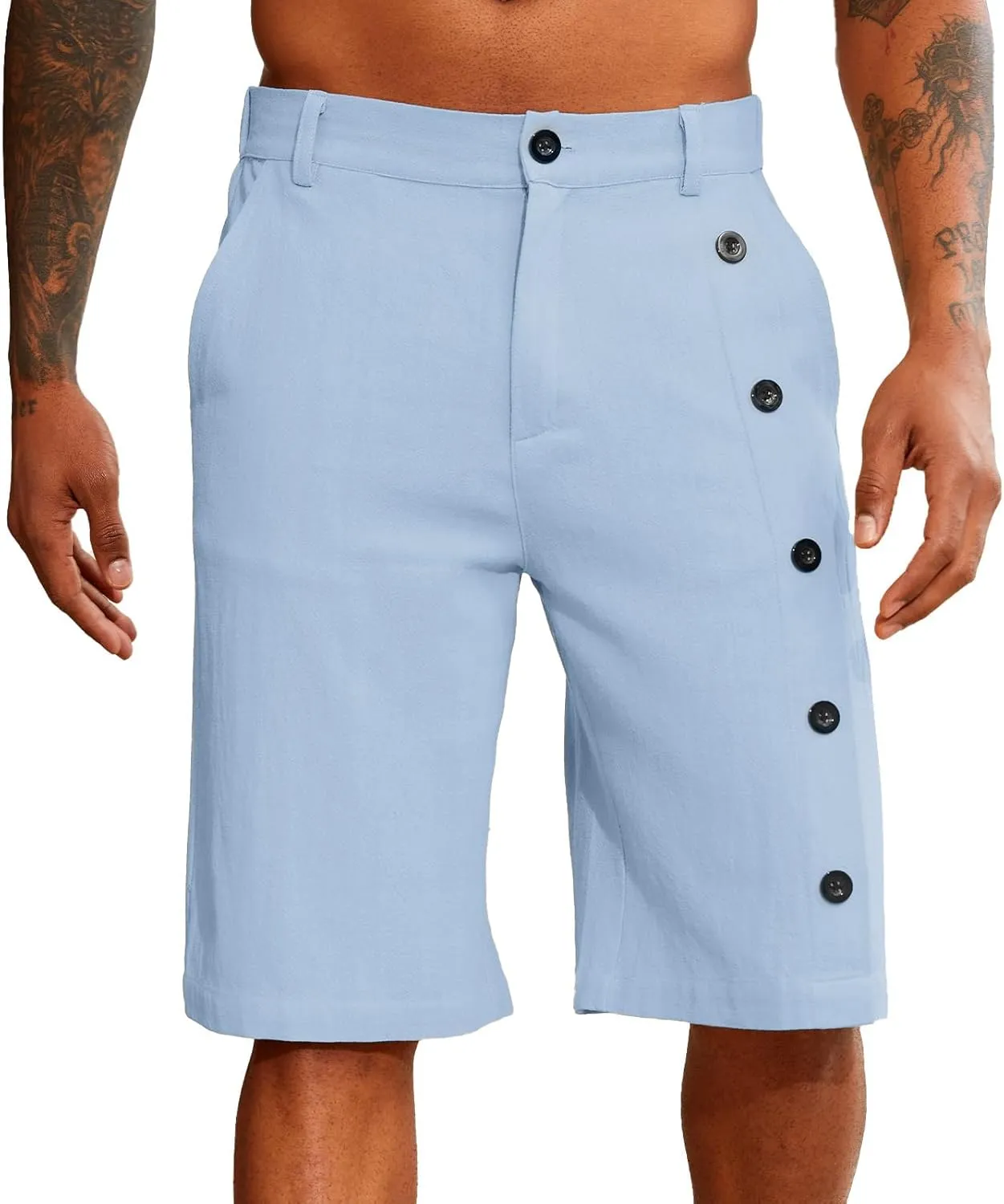 Mens Linen Shorts Button Elastic Waist Slim Fit Hawaii Shorts Casual Classic Fit Summer Beach Golf Short Pants