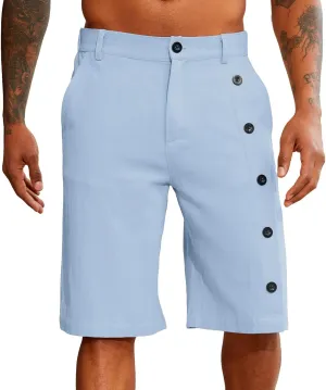 Mens Linen Shorts Button Elastic Waist Slim Fit Hawaii Shorts Casual Classic Fit Summer Beach Golf Short Pants