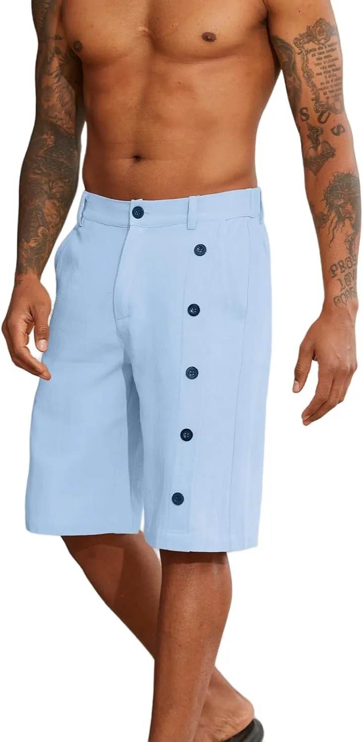 Mens Linen Shorts Button Elastic Waist Slim Fit Hawaii Shorts Casual Classic Fit Summer Beach Golf Short Pants