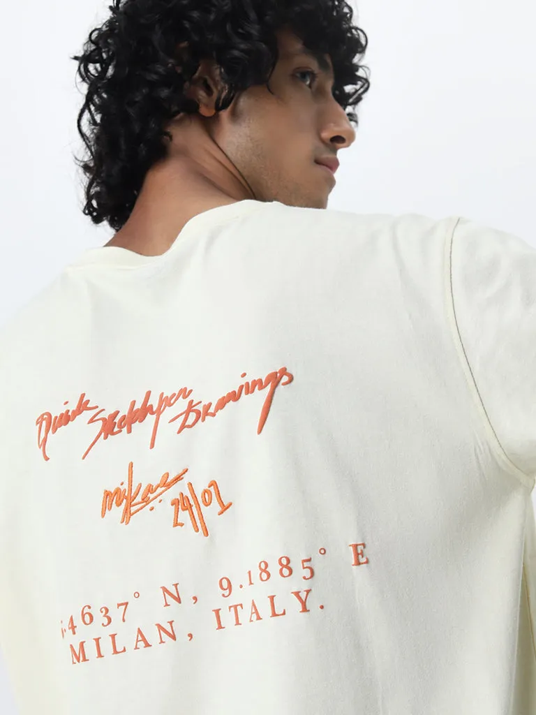 Nuon Light Yellow Text Printed Relaxed-Fit Cotton T-Shirt