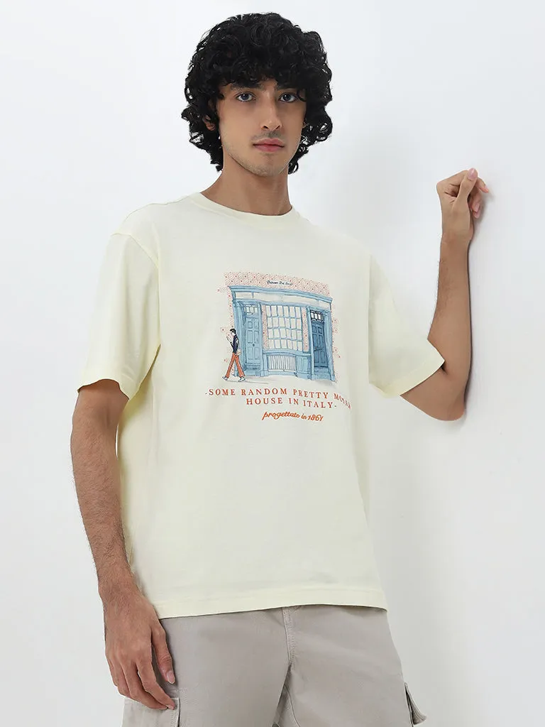 Nuon Light Yellow Text Printed Relaxed-Fit Cotton T-Shirt