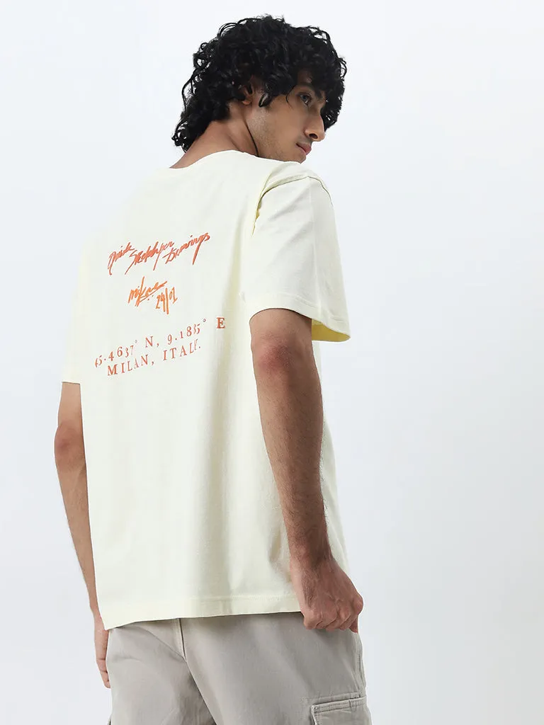 Nuon Light Yellow Text Printed Relaxed-Fit Cotton T-Shirt