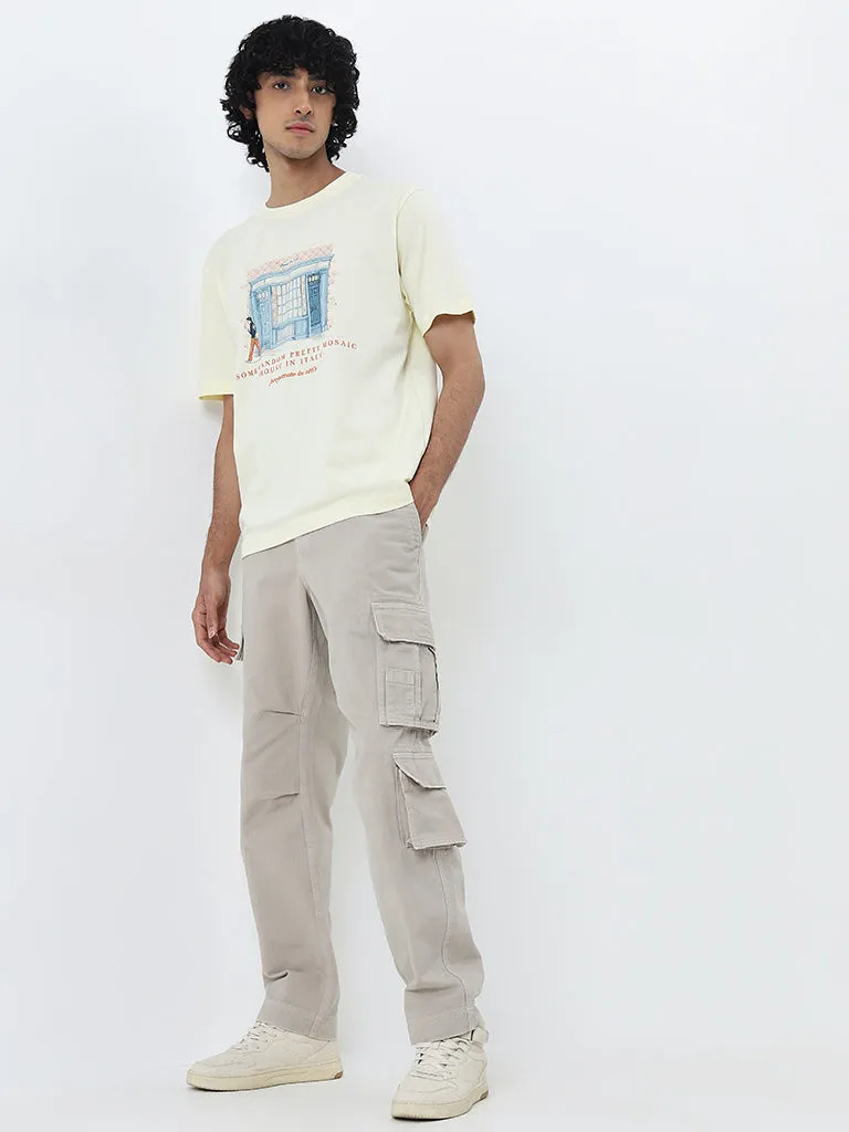 Nuon Light Yellow Text Printed Relaxed-Fit Cotton T-Shirt