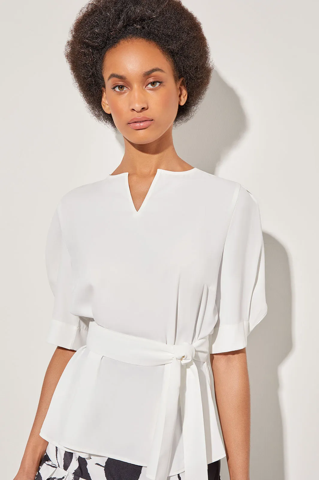 Split V-Neck Blouse - Cold-Shoulder Sleeves Crepe de Chine