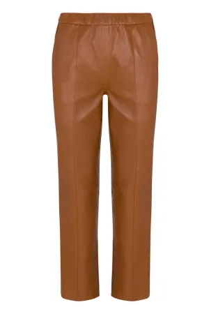 Straight Leg Leather Pintuck Pant in Chestnut