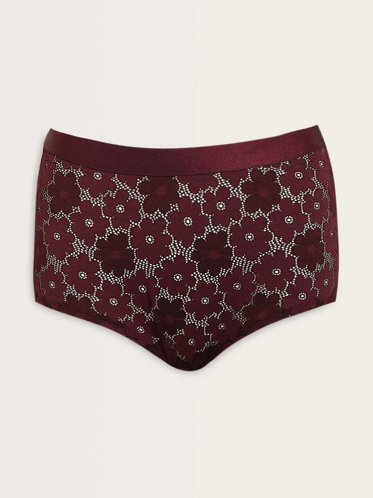 Superstar Burgundy Floral Lace Design Full Cotton Brief