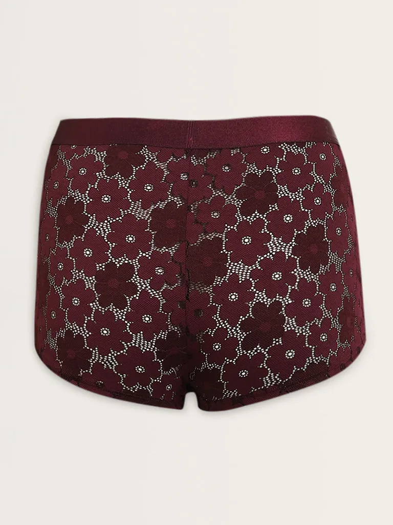 Superstar Burgundy Floral Lace Design Full Cotton Brief