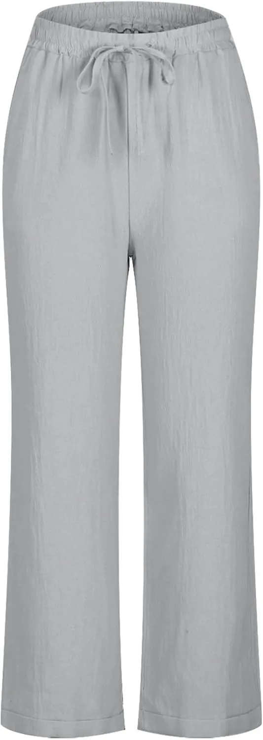 Women Linen Cropped Pants High Waist Comfy Straight Leg Capris Pant Casua Lightweight Loose Ankle Length Work Trousers