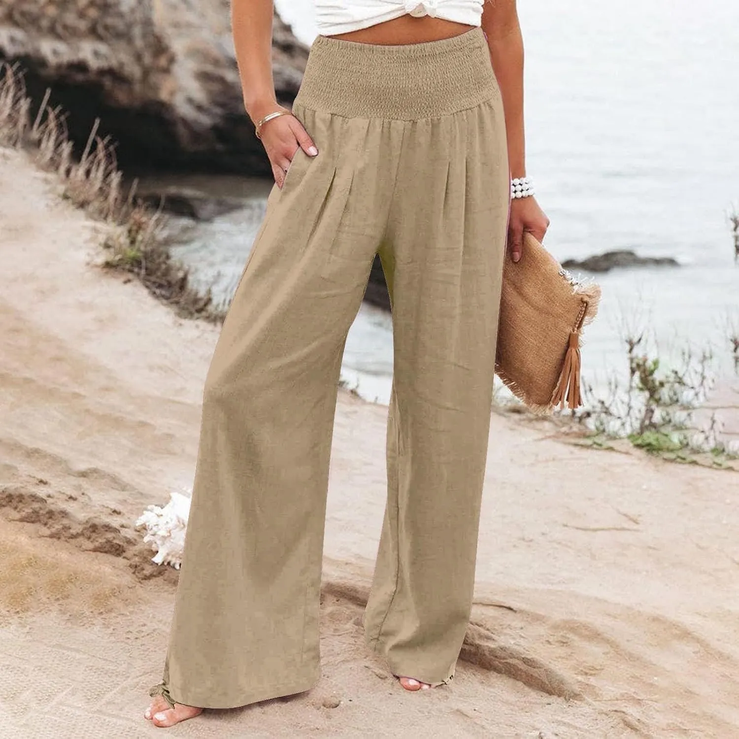 Women Linen Palazzo Pants Summer Boho Wide Leg High Elastic Waist Casual Pant Trousers with Pocket Loose Comfy