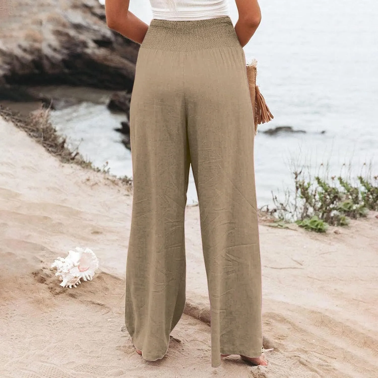 Women Linen Palazzo Pants Summer Boho Wide Leg High Elastic Waist Casual Pant Trousers with Pocket Loose Comfy