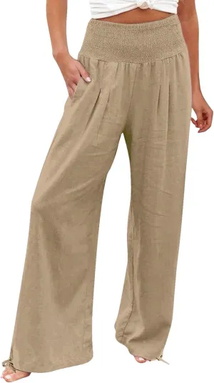 Women Linen Palazzo Pants Summer Boho Wide Leg High Elastic Waist Casual Pant Trousers with Pocket Loose Comfy