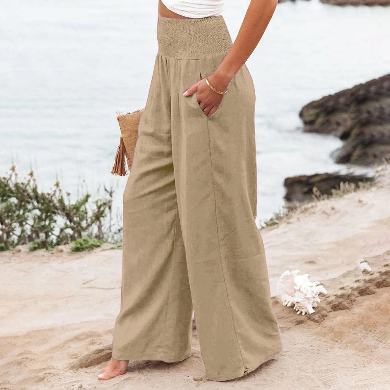 Women Linen Palazzo Pants Summer Boho Wide Leg High Elastic Waist Casual Pant Trousers with Pocket Loose Comfy