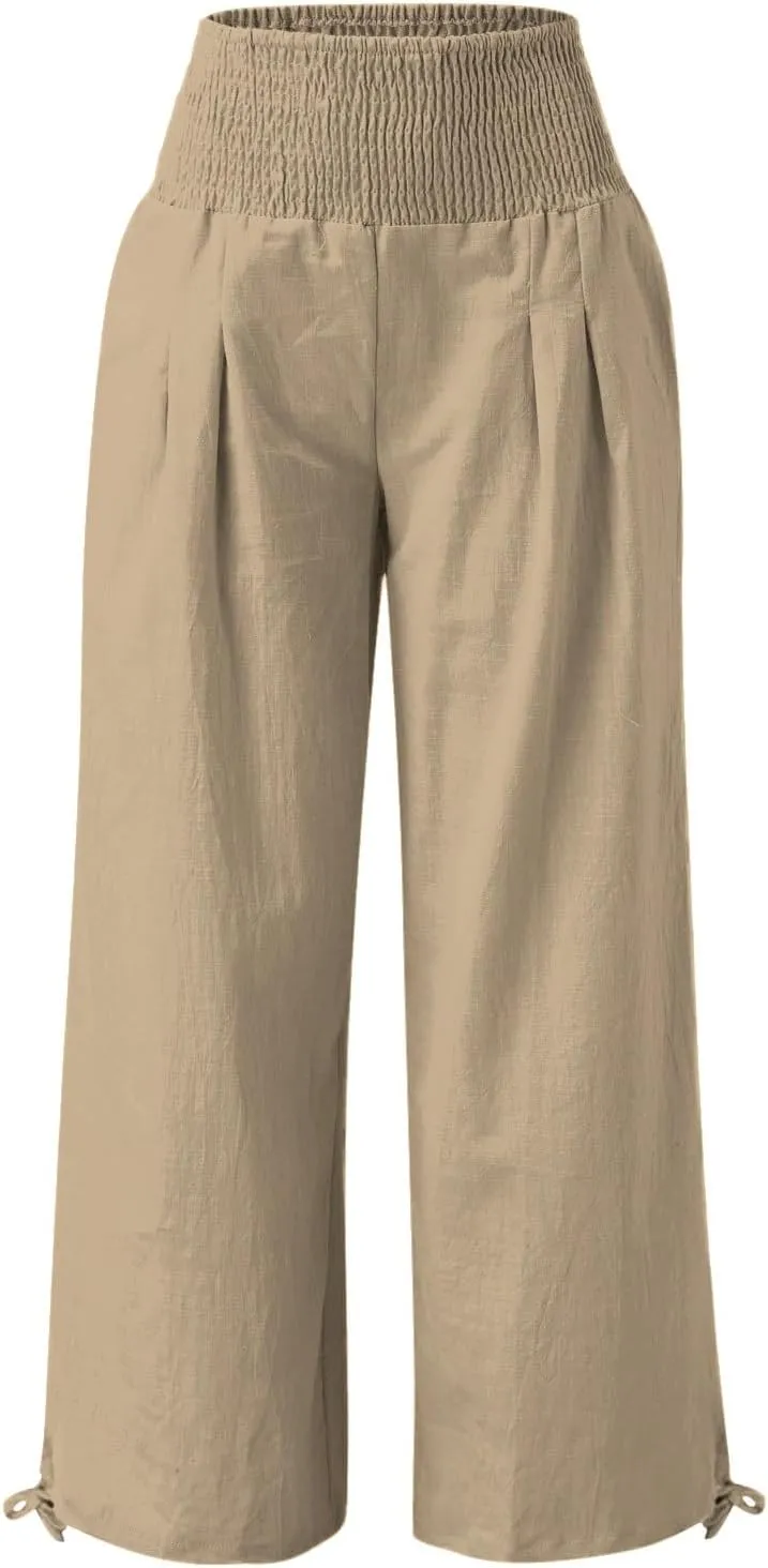 Women Linen Palazzo Pants Summer Boho Wide Leg High Elastic Waist Casual Pant Trousers with Pocket Loose Comfy